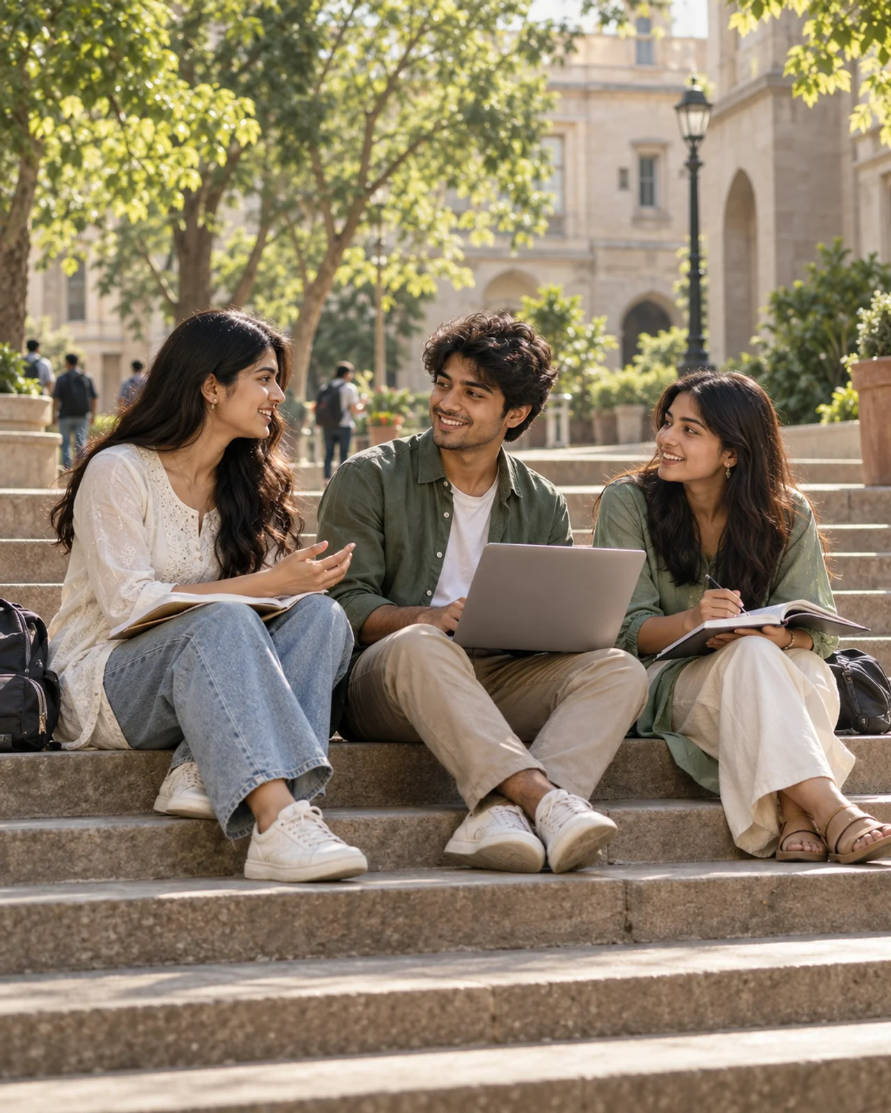 Illustrative student-life scene: students sharing ideas on campus